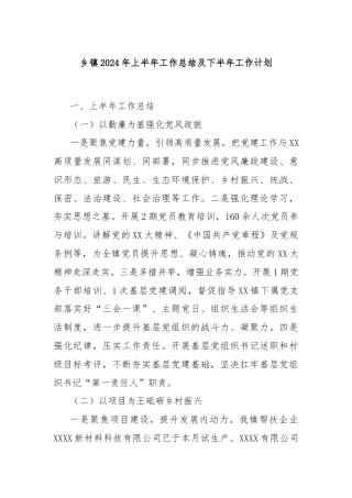 乡镇2024年上半年工作总结及下半年工作计划