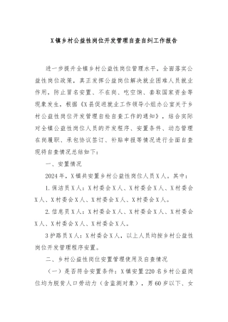 X镇乡村公益性岗位开发管理自查自纠工作报告