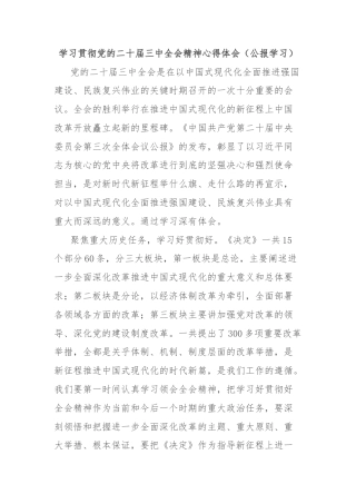 学习贯彻党的二十届三中全会精神心得体会（公报学习）