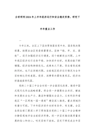 分析研判2024年上半年经济运行和安全稳定形势，研究下半年重点工作
