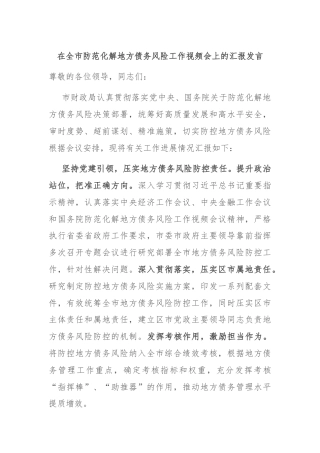 在全市防范化解地方债务风险工作视频会上的汇报发言