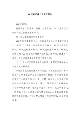 XX巡察党建工作情况报告