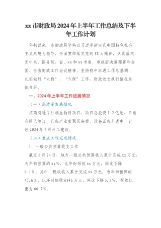 xx市财政局2024年上半年工作总结及下半年工作计划