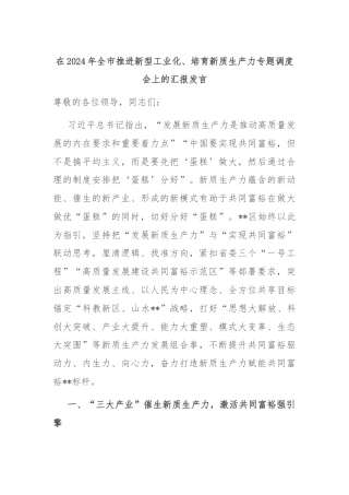 在2024年全市推进新型工业化、培育新质生产力专题调度会上的汇报发言