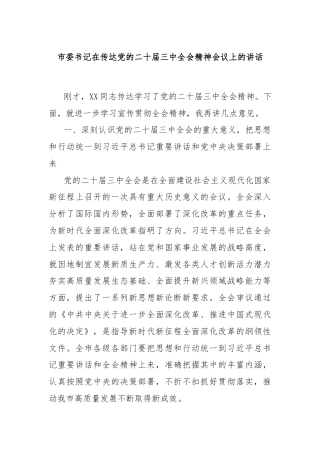 市委书记在传达党的二十届三中全会精神会议上的讲话