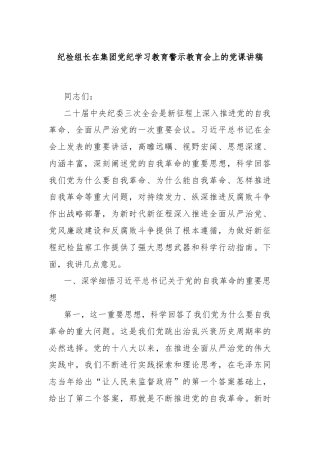 纪检组长在集团党纪学习教育警示教育会上的党课讲稿