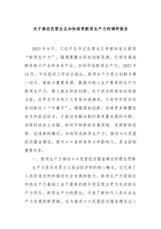 关于推动民营企业加快培育新质生产力的调研报告