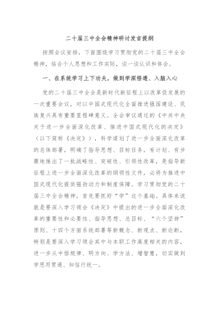 二十届三中全会精神研讨发言提纲