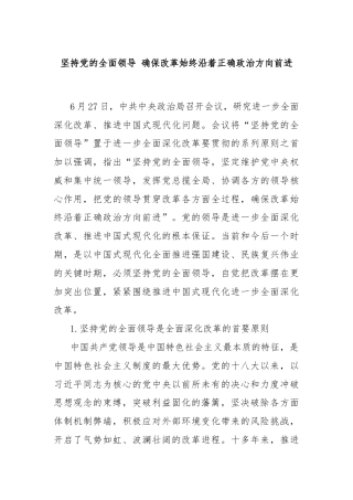 坚持党的全面领导 确保改革始终沿着正确政治方向前进
