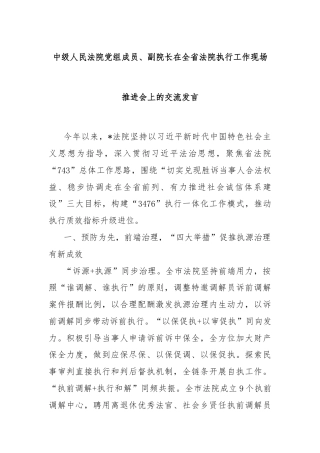 中级人民法院党组成员、副院长在全省法院执行工作现场推进会上的交流发言