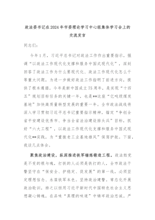 政法委书记在2024年市委理论学习中心组集体学习会上的交流发言