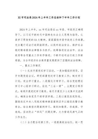XX市司法局2024年上半年工作总结和下半年工作计划