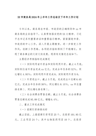 XX市商务局2024年上半年工作总结及下半年工作计划