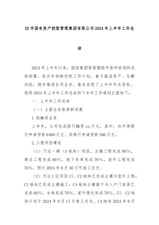 XX市国有资产控股管理集团有限公司2024年上半年工作总结