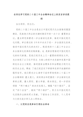 在传达学习党的二十届三中全会精神会议上的发言讲话提纲