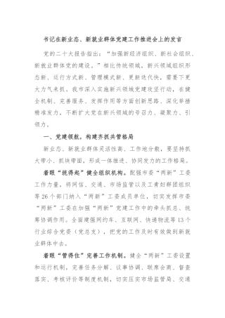 书记在新业态、新就业群体党建工作推进会上的发言