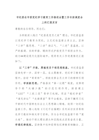 市纪委在市委党纪学习教育工作推进会暨工作专班调度会上的汇报发言