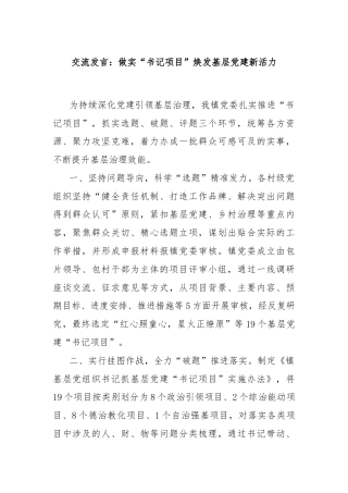 交流发言：做实“书记项目”焕发基层党建新活力