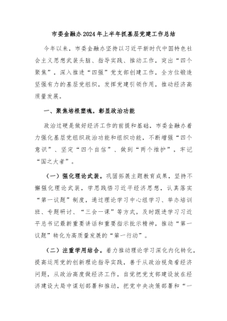 市委金融办2024年上半年抓基层党建工作总结