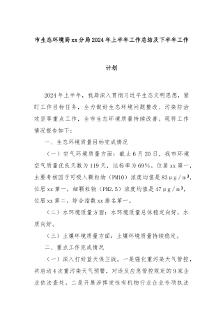 市生态环境局xx分局2024年上半年工作总结及下半年工作计划