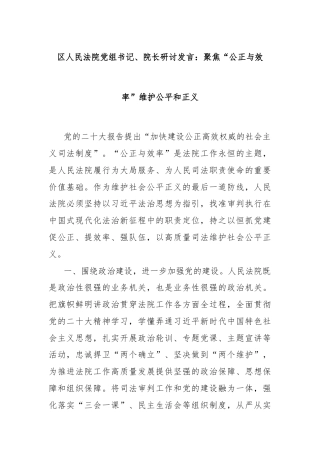区人民法院党组书记、院长研讨发言：聚焦“公正与效率”维护公平和正义