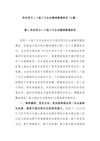 (2篇)传达学习二十届三中全会精神强调讲话