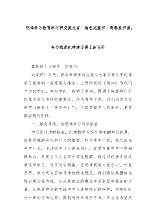 纪律学习教育学习班交流发言：角色挑重担，青春显担当，齐力推进纪律建设再上新台阶