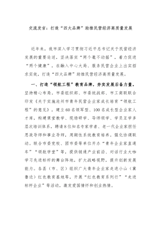 交流发言：打造“四大品牌”助推民营经济高质量发展
