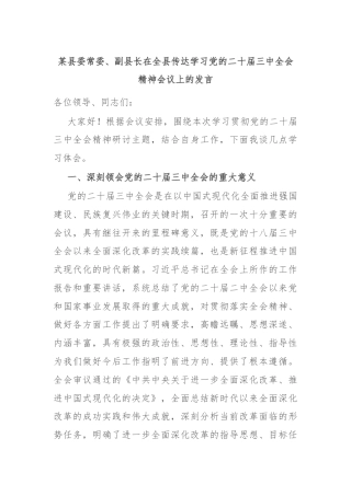 某县委常委、副县长在全县传达学习党的二十届三中全会精神会议上的发言