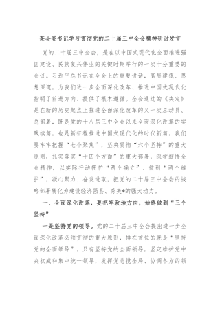 某县委书记学习贯彻党的二十届三中全会精神研讨发言