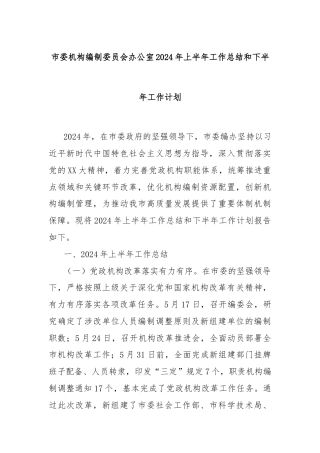市委机构编制委员会办公室2024年上半年工作总结和下半年工作计划