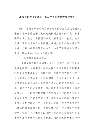基层干部学习贯彻二十届三中全会精神的研讨发言