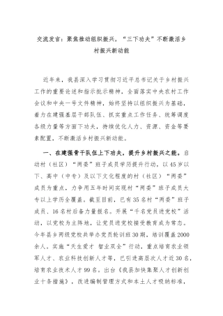 交流发言：聚焦推动组织振兴，“三下功夫”不断激活乡村振兴新动能