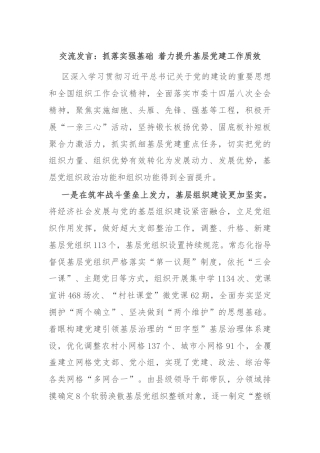 交流发言：抓落实强基础 着力提升基层党建工作质效