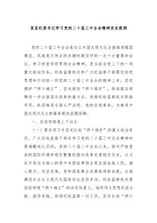 某县纪委书记学习党的二十届三中全会精神发言提纲