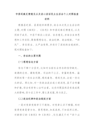市委巡察反馈意见以及谈心谈话民主生活会个人对照检查材料