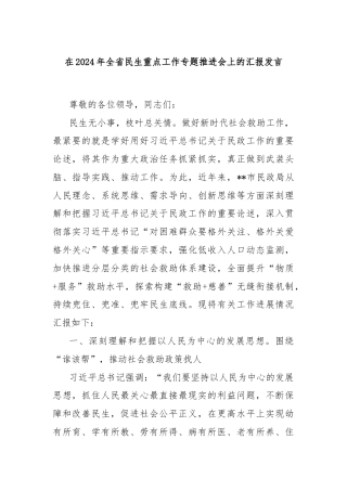 在2024年全省民生重点工作专题推进会上的汇报发言