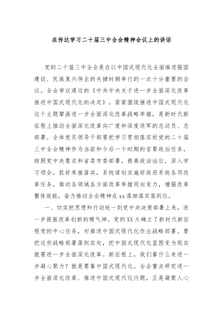 在传达学习二十届三中全会精神会议上的讲话