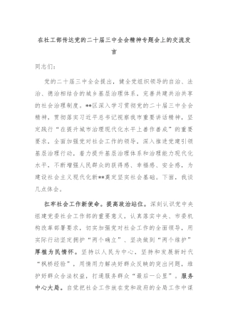 在社工部传达党的二十届三中全会精神专题会上的交流发言