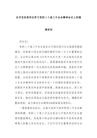 在市发改委传达学习党的二十届三中全会精神会议上的强调讲话