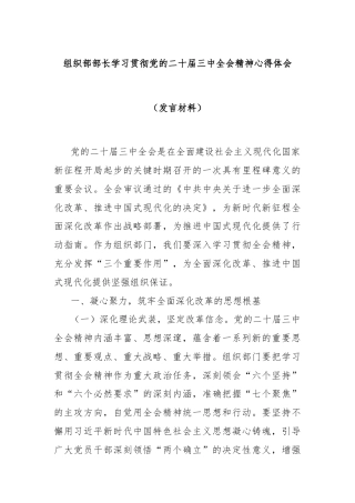 组织部部长学习贯彻党的二十届三中全会精神心得体会（发言材料）