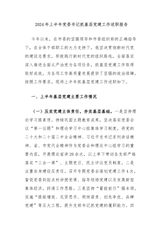 2024年上半年党委书记抓基层党建工作述职报告
