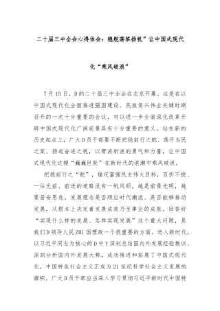 二十届三中全会心得体会：稳舵荡桨扬帆”让中国式现代化“乘风破浪”