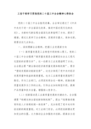 工信干部学习贯彻党的二十届三中全会精神心得体会