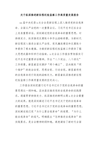 关于纵深推进新征程纪检监察工作高质量发展报告