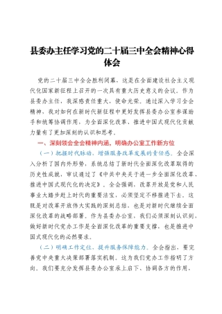 县委办主任学习党的二十届三中全会精神心得体会