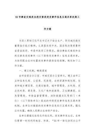 XX市事故灾难类自然灾害类突发事件 信息互通共享机制工作方案