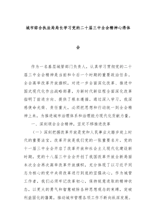 城市综合执法局局长学习党的二十届三中全会精神心得体会