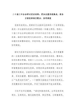 二十届三中全会研讨发言材料：更加注重系统集成，使各方面改革相互配合、协同高效