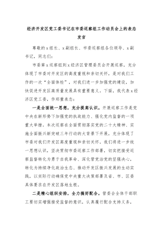 经济开发区党工委书记在市委巡察组工作动员会上的表态发言